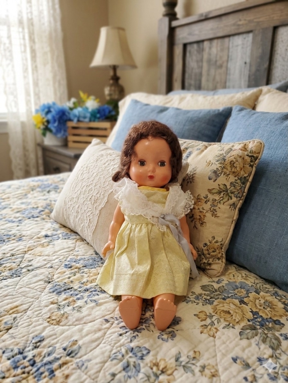Girls' Yellow Lace-Trim Formal Dress with Ribbon Bow Vintage Doll